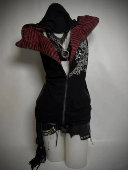 Black Subculture Punk Y2K Abi E-girl American Black & Red Striped Hooded Vest (Sleeveless) Top