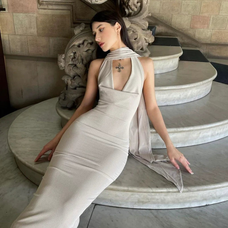 Sexy Halter Cowl-Neck Open-Back High-Slit Maxi Dress