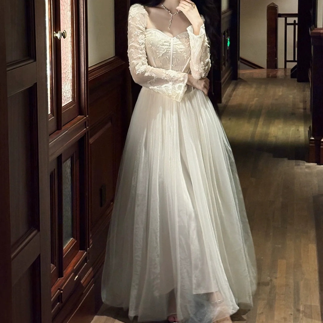 French Luxury Mesh Long Sleeve Bone Gown Dress