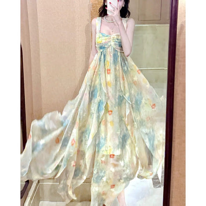 French Ruffle Butterfly Embroidered Spaghetti Strap Gown Dress