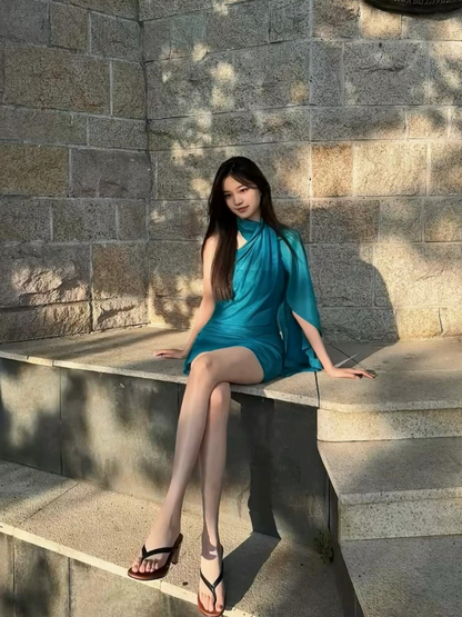 Iridescent Blue Halter Off-The-Shoulder Mini Dress