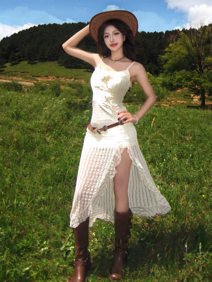 French Textured Knit Halter Waist-Cinched Asymmetrical Beach Vacation Maxi Dress