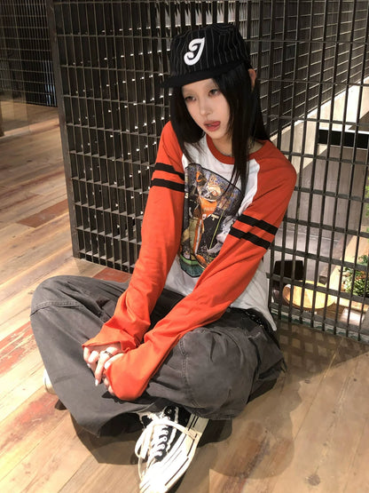 Retro White and Orange Color Block Raglan Long Sleeve Top