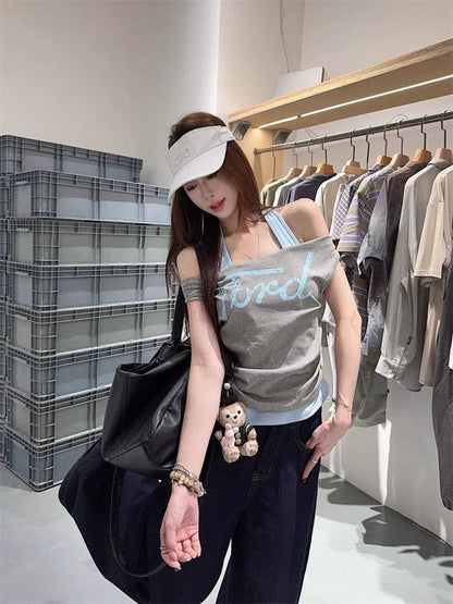 Light Gray Fake Two-Piece Halter Subculture Y2K E-girl Abi American Retro Letter Print Short Sleeve Top