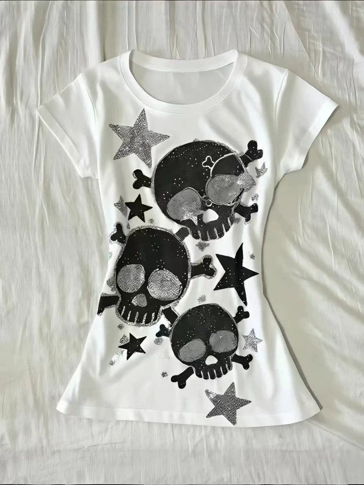 White Print Subculture Punk Y2K E-girl Light Subculture American Retro Abi Short Sleeve Top