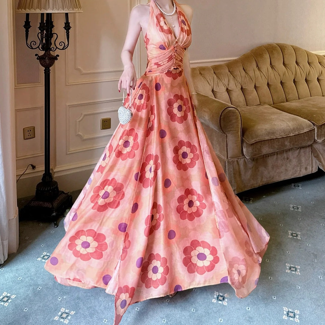 French Orange Floral Halter Neck Gown Dress – Summer Vacation Dress