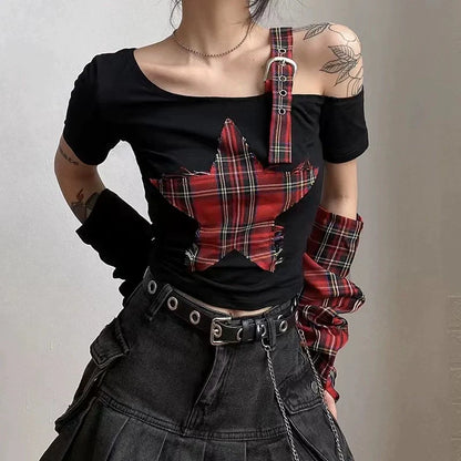 Black (With Arm Sleeves) Subculture Punk Y2K E-girl Gypsy-Style Plaid Asymmetrical Off-Shoulder Top
