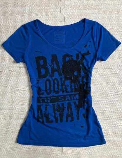 Blue Rock Punk Vintage Skull Print Y2K T-Shirt