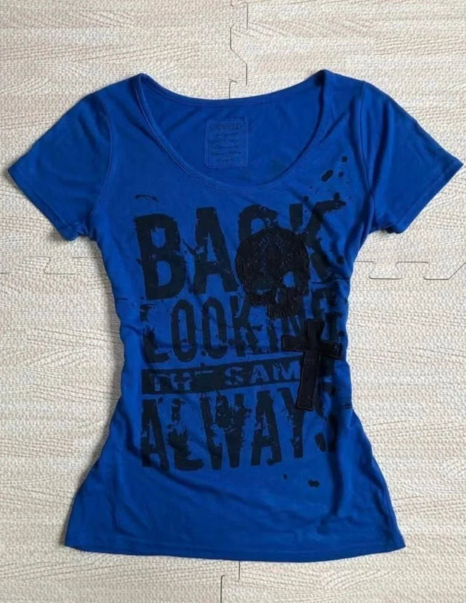 Blue Rock Punk Vintage Skull Print Y2K T-Shirt