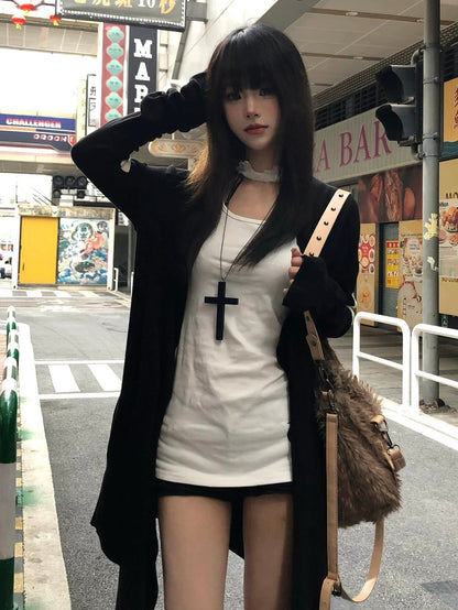 Y2K Black Wizard Knit Cardigan Long Coat Top