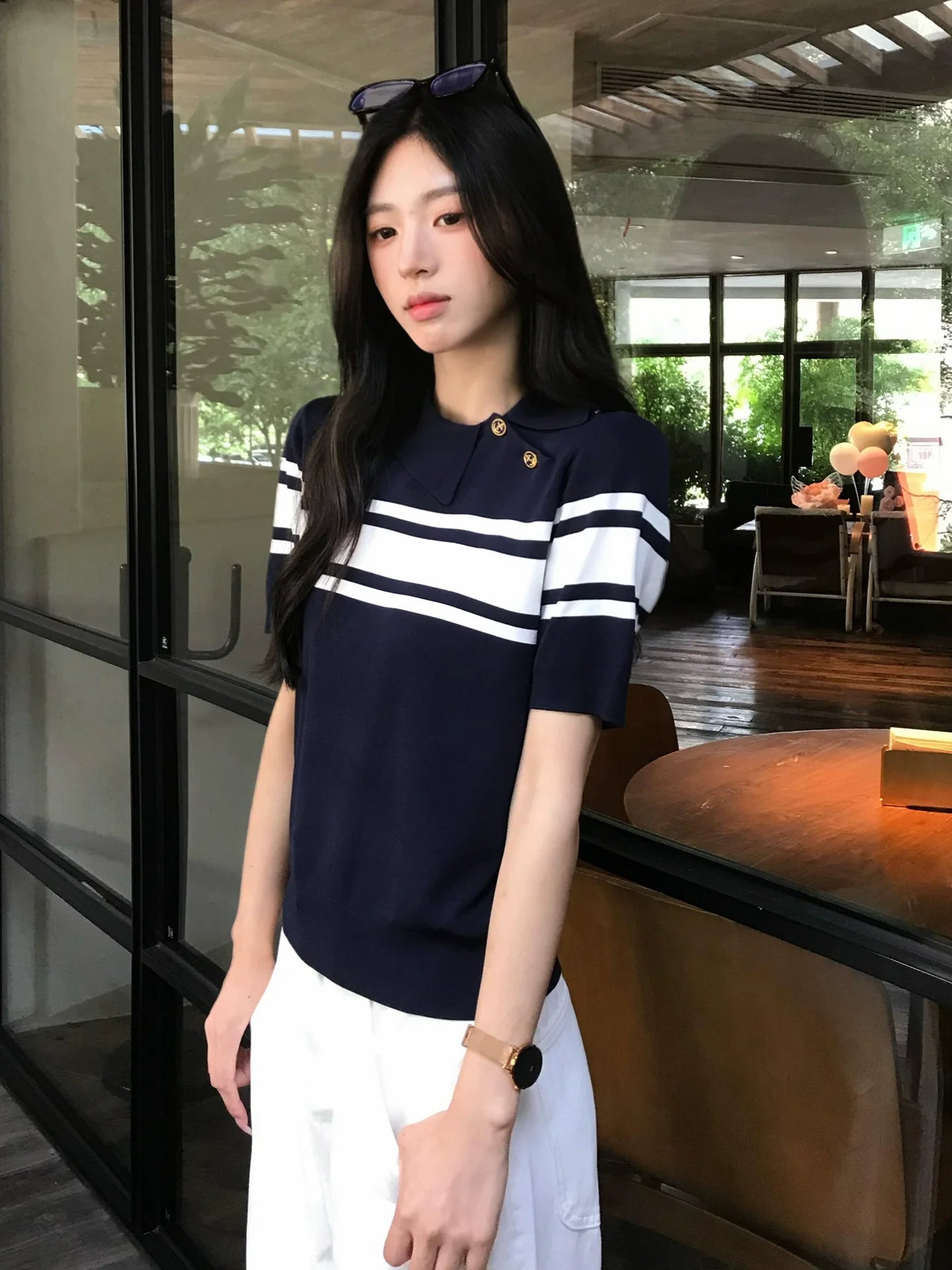 Old Money Navy Polo Knit Top  Slim Fit Short Sleeve Structured Shoulder Preppy Shirt