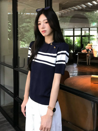 Old Money Navy Polo Knit Top  Slim Fit Short Sleeve Structured Shoulder Preppy Shirt