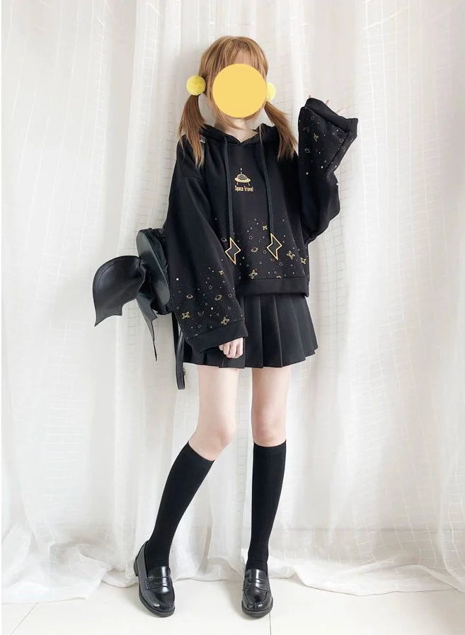Black Y2K Japanese Bell-Sleeve Hoodie