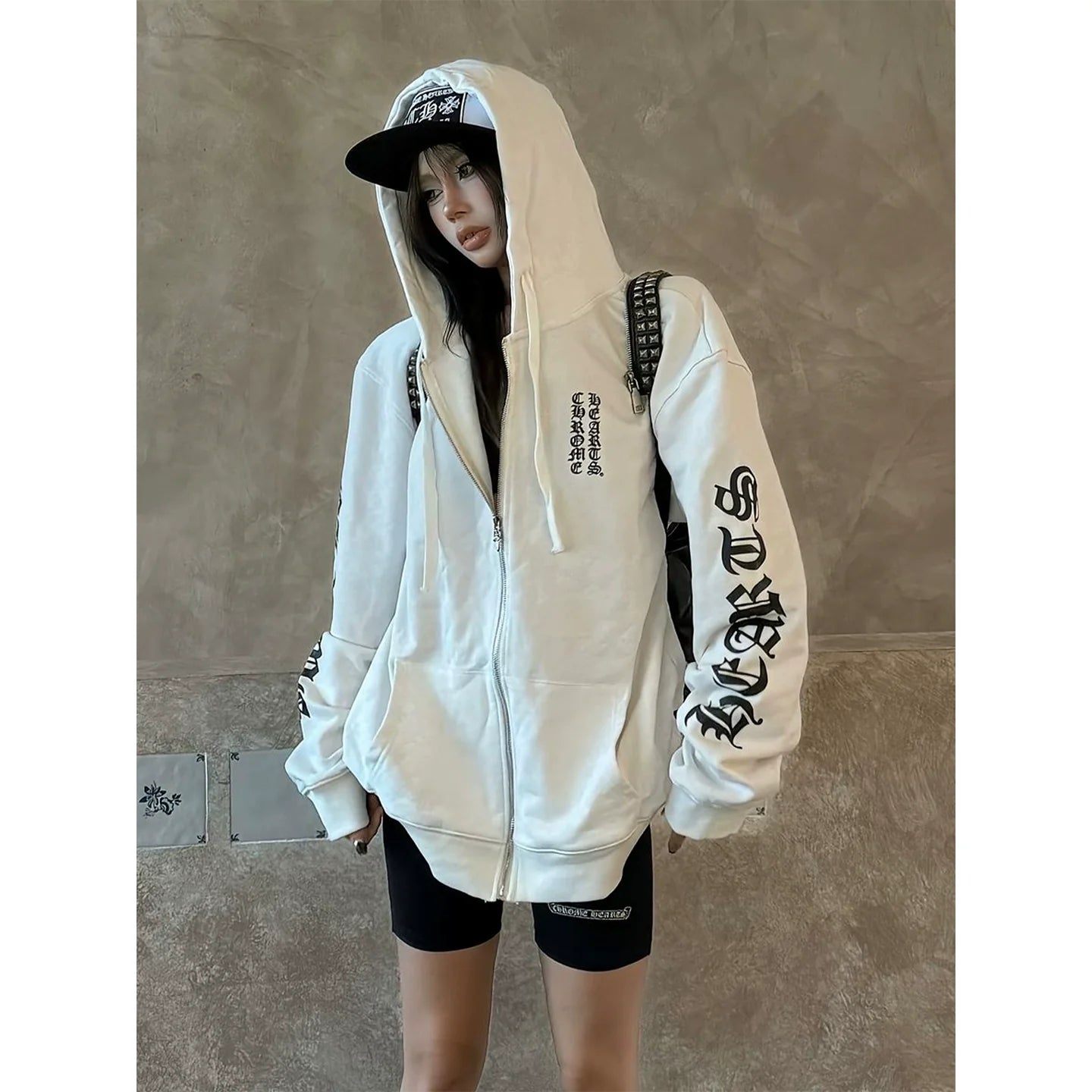 American Heavyweight Gothic Hoodie Autumn-Winter Zip-Up Pullover Letter Print Streetwear Top