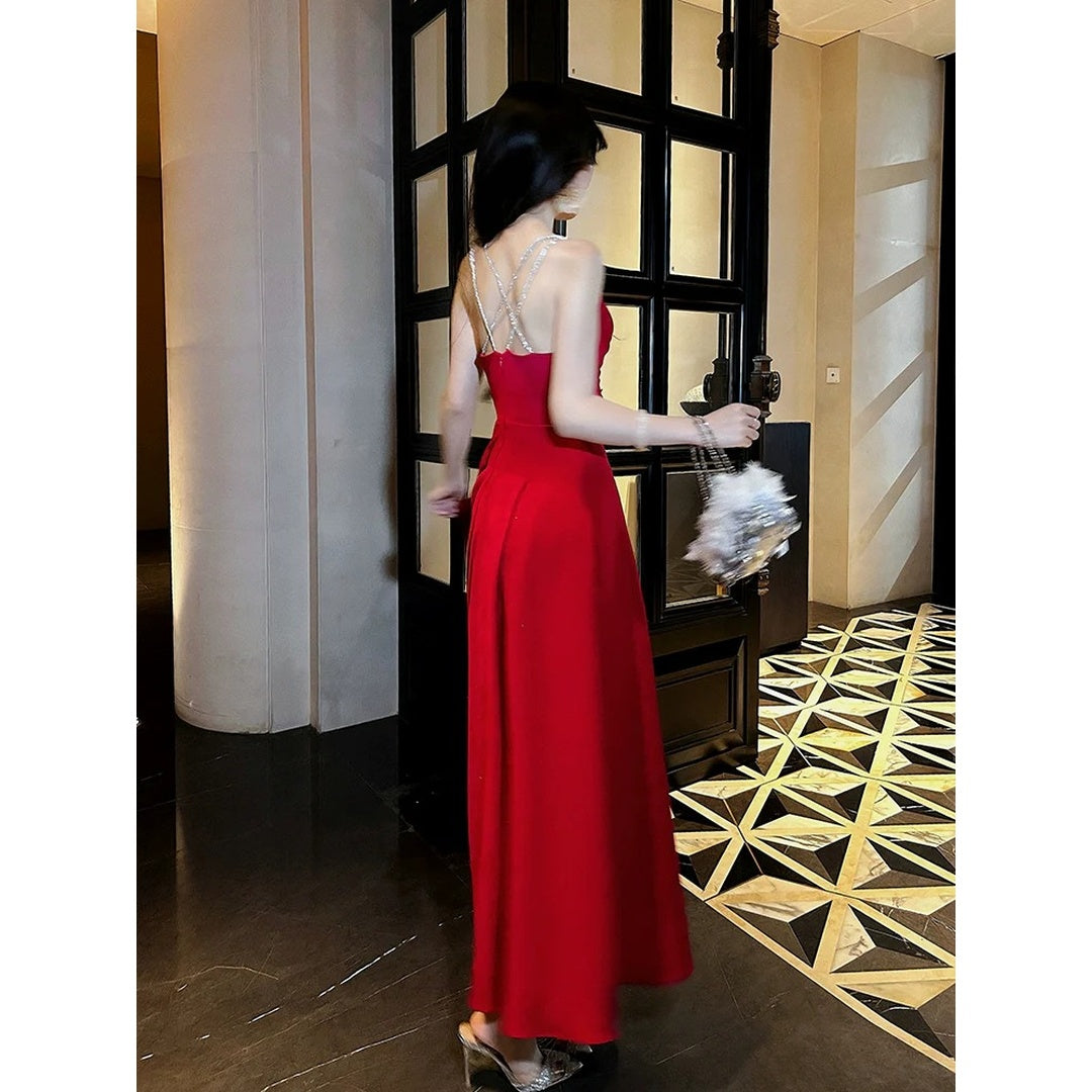 French Red Backless Holiday Spaghetti Strap Gown Dress
