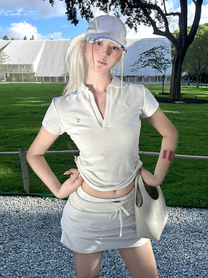 American White Polo Tee V-Neck Slim Fit Sports Top