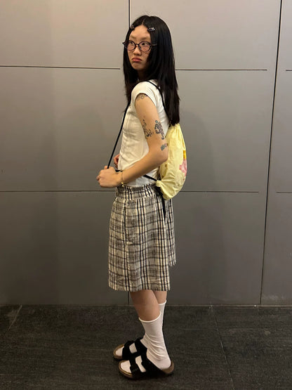 Vacation Plaid Relaxed Shorts Japanese Textured Wide-Leg Mid Shorts