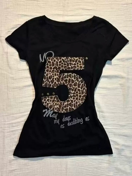 Black American Vintage Leopard Print Light Subculture Y2K T-Shirt