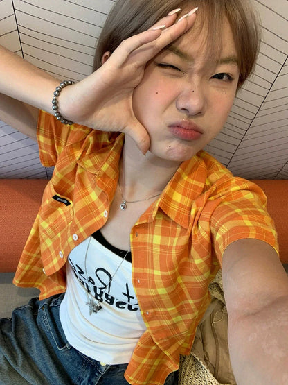 American Plaid Fitted Short Sleeve Shirt Bright-Tone Checkered Cropped Top