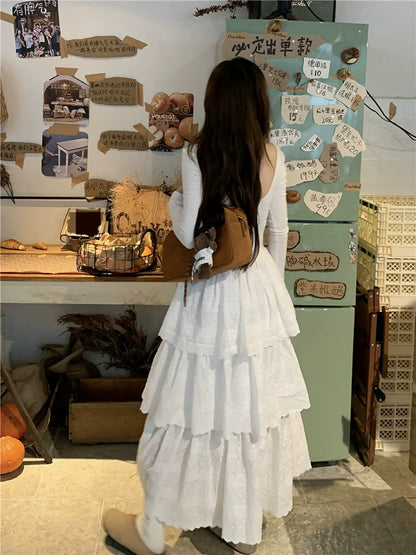 White Open-Back Ballet-Inspired Tiered Midi Dress