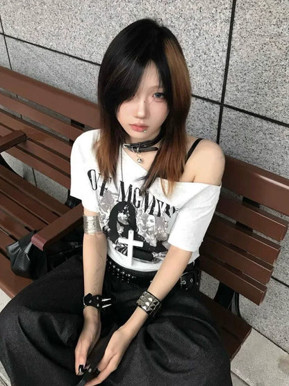 White Off-Shoulder Subculture Punk Y2K E-girl Light Subculture American Retro Off-Shoulder Short Sleeve Top