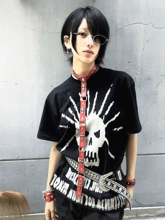 Y2K Black Polo Tee Skull Print Subculture Top