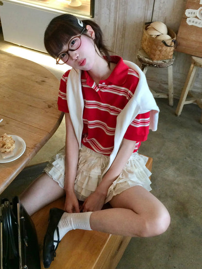 Preppy Red Striped Polo Shirt  Cropped Fitted Short Sleeve Top Y2K College Aesthetic