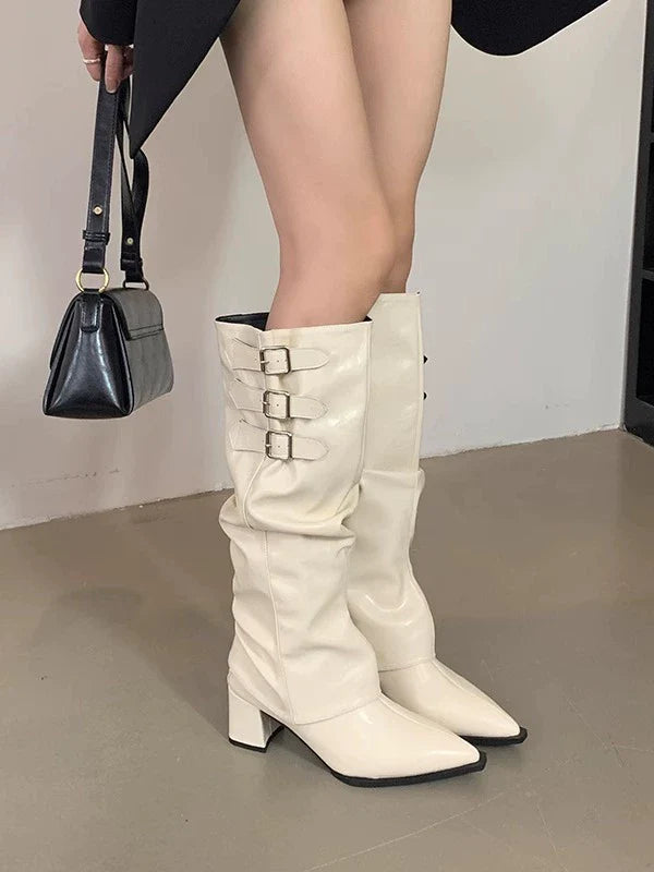 Pointed Toe Two Way High Heel Knee High Boots 2025 Fall Winter New Spicy Girl Vibe Slouchy Ruffled Chunky Heel Cowboy Boots