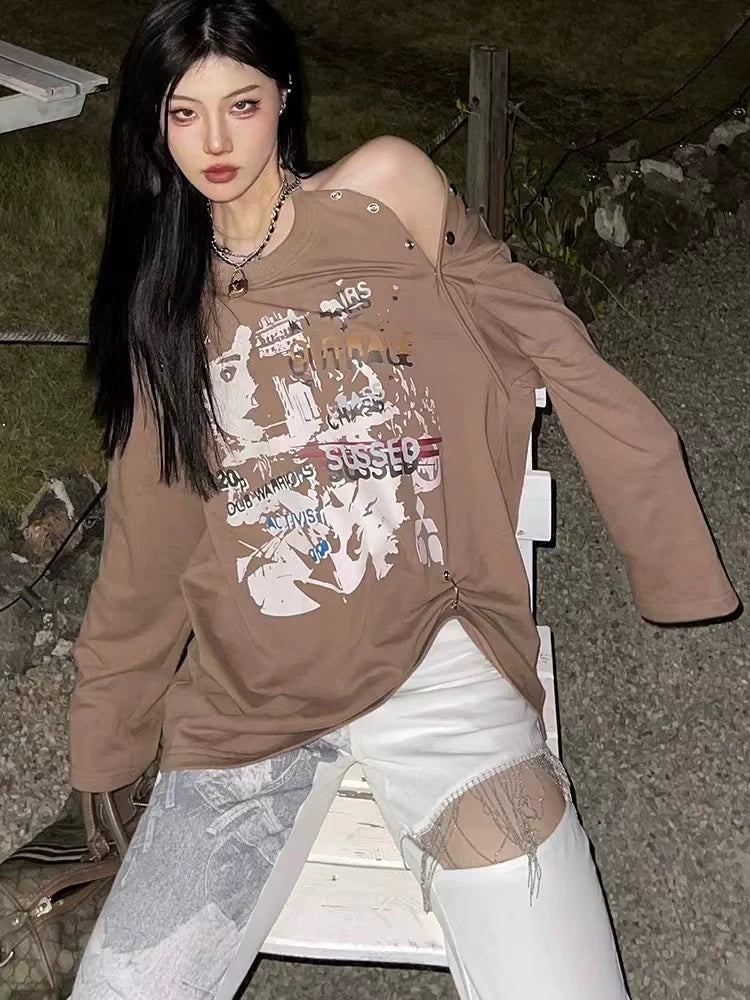 Khaki Subculture Punk Y2K E-girl Print Off-Shoulder Niche Oversized Hoodie