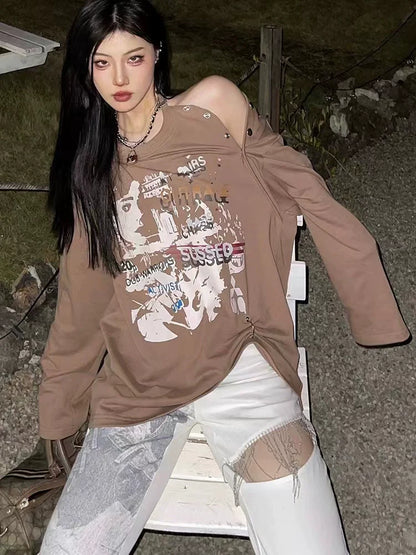 Khaki Subculture Punk Y2K E-girl Print Off-Shoulder Niche Oversized Hoodie