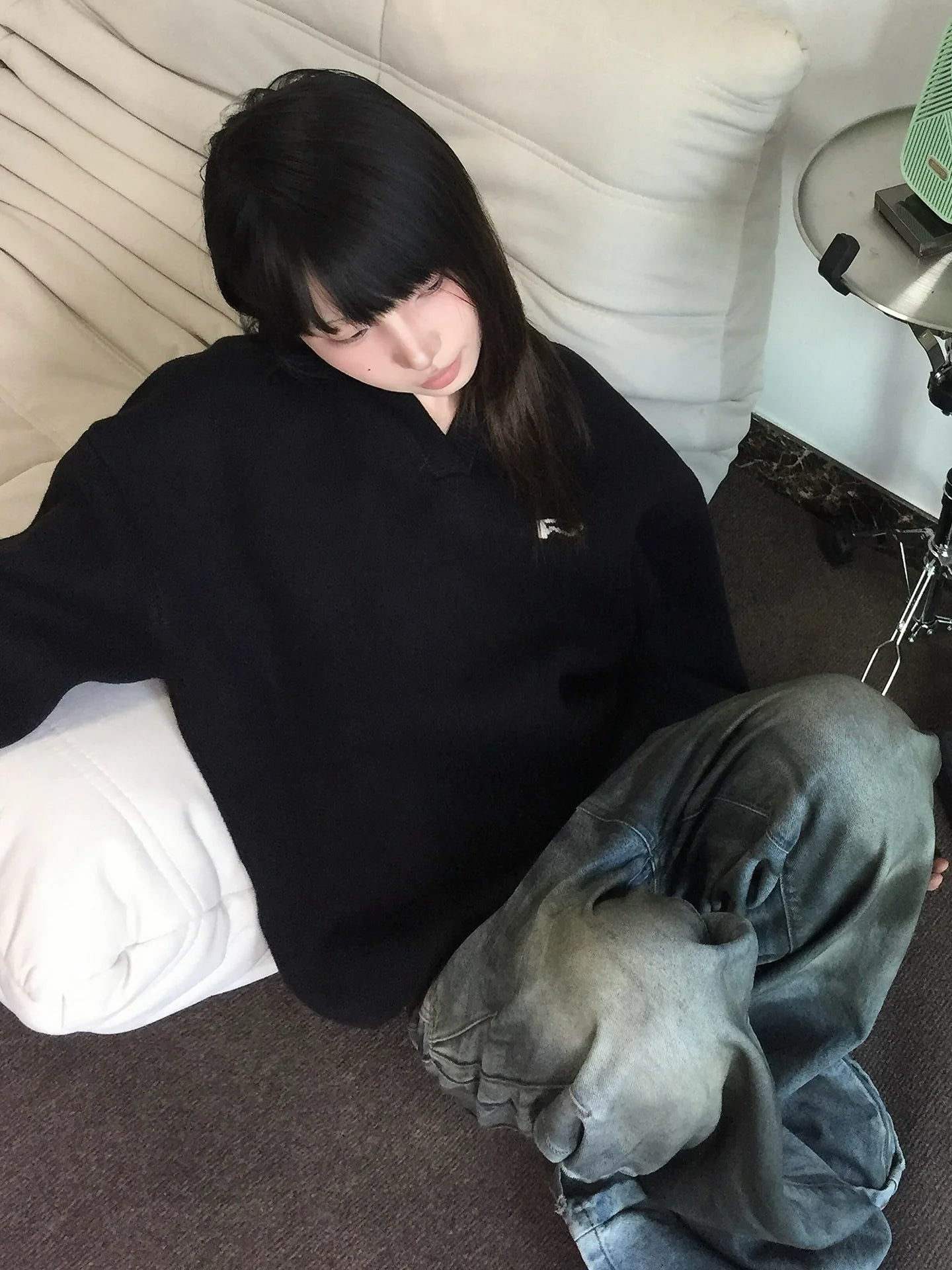 Lazy Style Black V-Neck Knit Sweater Early Autumn Loose Pullover Knitwear