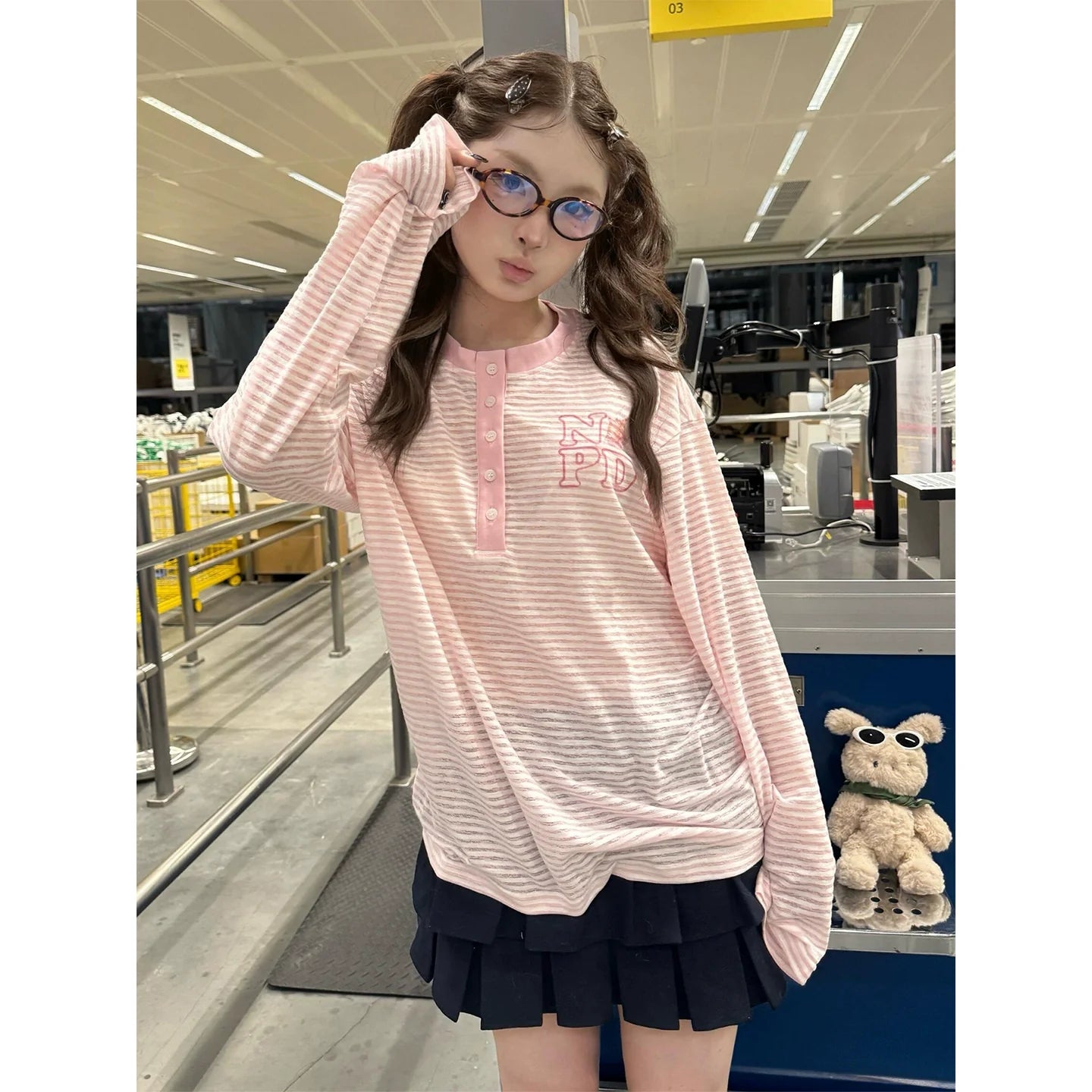 Pink Striped Henley Long Sleeve Loose T Shirt Summer Top