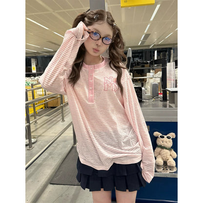 Pink Striped Henley Long Sleeve Loose T Shirt Summer Top