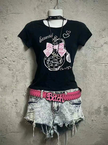 Black Subculture Y2K E-girl Abi American Retro Cute Bow Print Short Sleeve Top