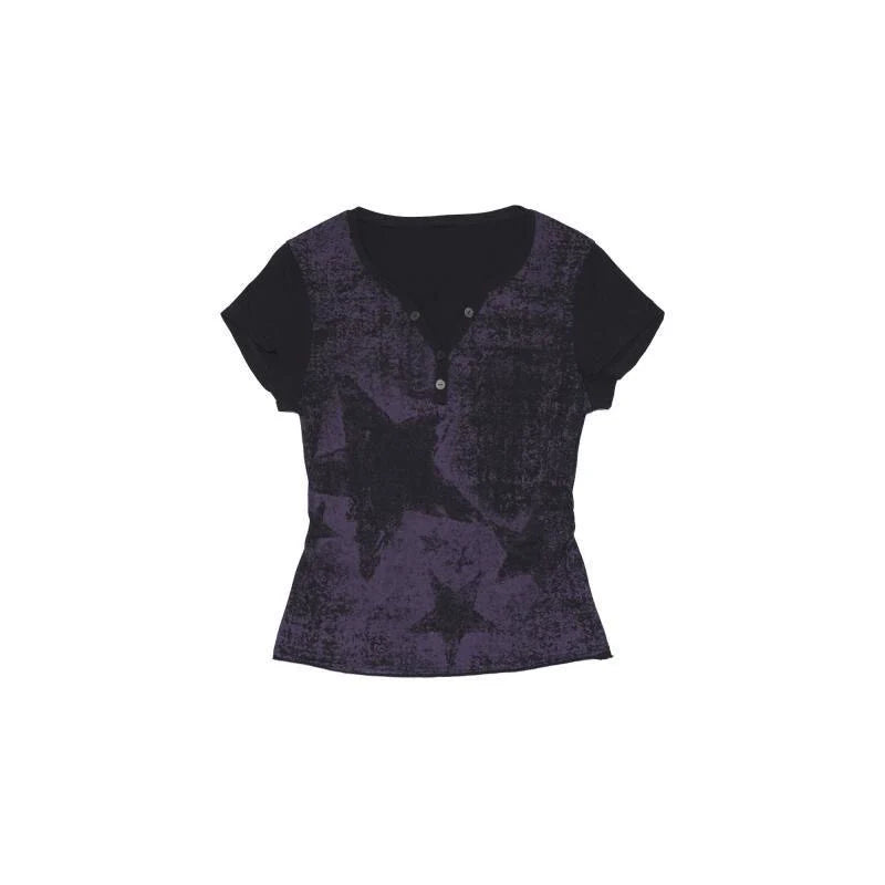 Black & Purple Subculture Punk Y2K E-girl Retro Star Print V-neck Slim-Fit Short Sleeve Top