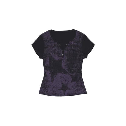 Black & Purple Subculture Punk Y2K E-girl Retro Star Print V-neck Slim-Fit Short Sleeve Top