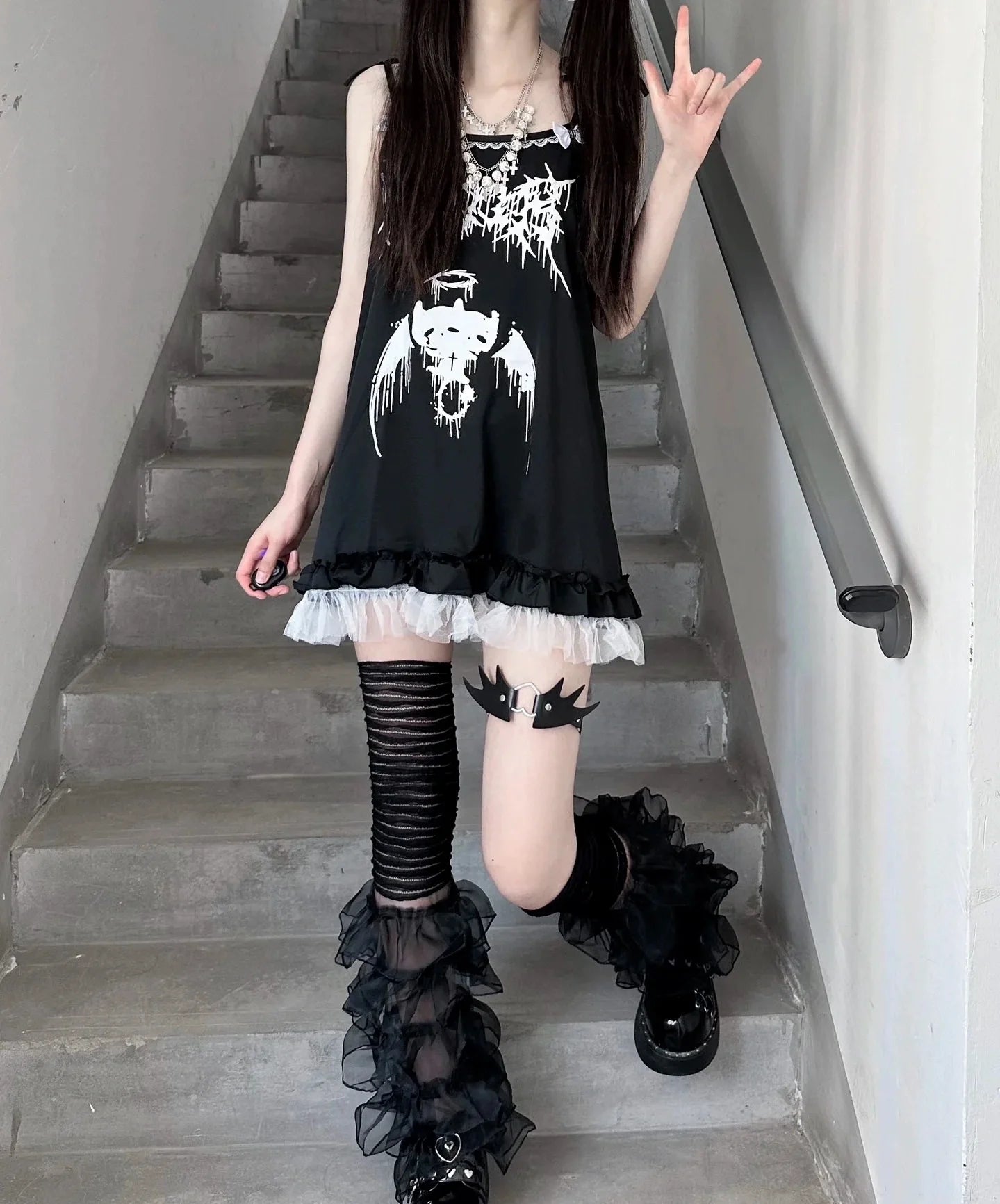 Black Demon Camisole Dress Subculture Punk Y2K E-girl Retro Lace Trimmed Summer Dress