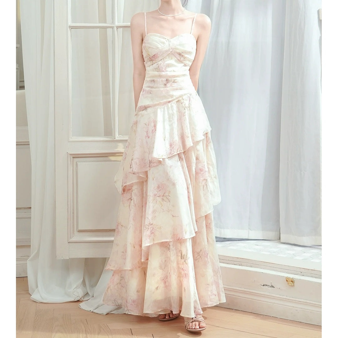 French Floral Waist Spaghetti Strap Gown Dress