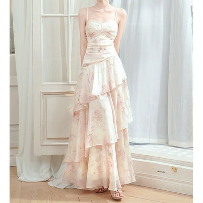 French Floral Waist Spaghetti Strap Gown Dress