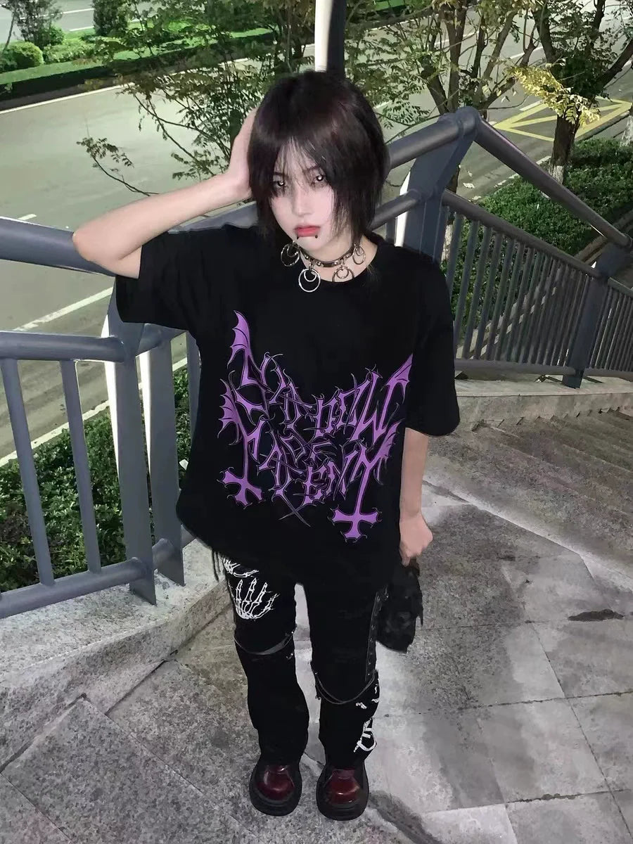 Black Subculture Dark Rock Punk Y2K E-girl Letter Print Niche Oversized Short Sleeve Top