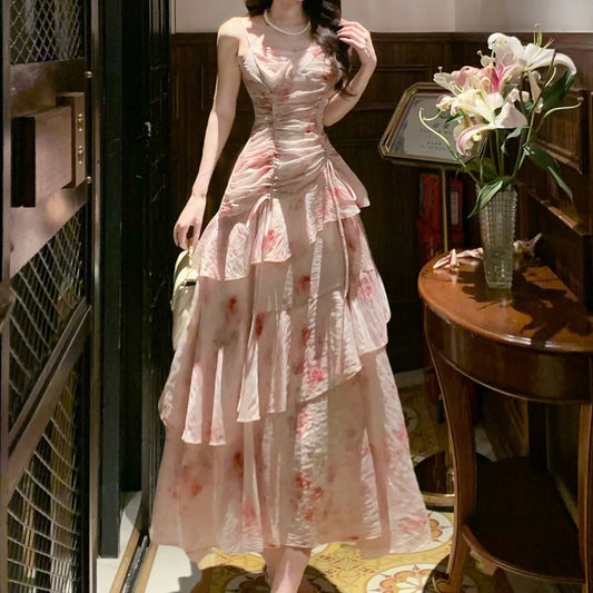 Ruffle Rose Print Spaghetti Strap Gown Dress