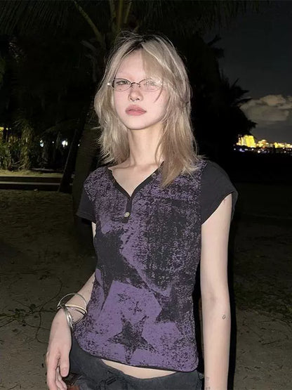 Black & Purple Subculture Punk Y2K E-girl Retro Star Print V-neck Slim-Fit Short Sleeve Top