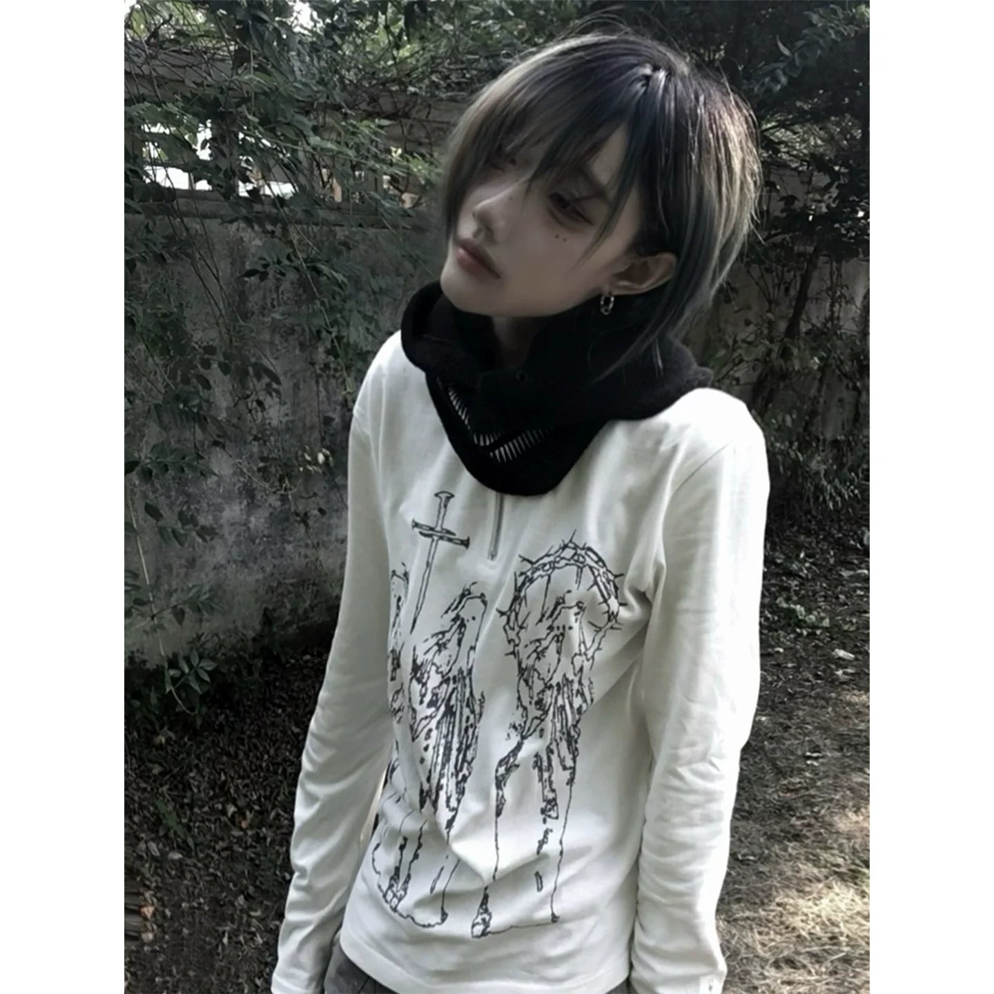 Y2K White Shoulder Heavy Henley Long Sleeve Top