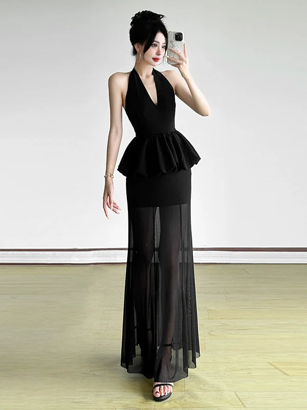 Mature Elegant Black V-Neck Halter Tulle-Paneled Sheer Fake Two-Piece Maxi Dress