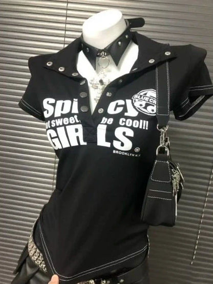 Black Gothic Letter Print Tee Y2K Top