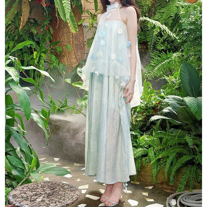 Blue 3D Flower Halter Tulle Gown Dress