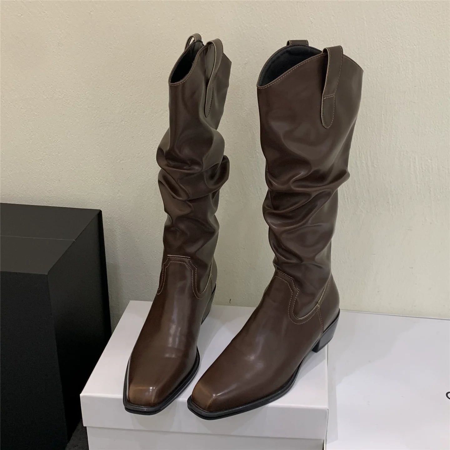 Korean Distressed Slouchy Wide Calf V-Cut Over The Knee Slimming Spicy Girl Chunky Heel Slim Boots