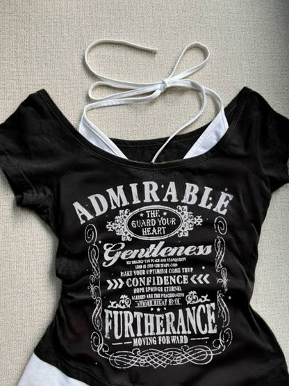 White Subculture Y2K E-girl Abi American Retro Letter Print Halter Fake Two-Piece Short Sleeve Top
