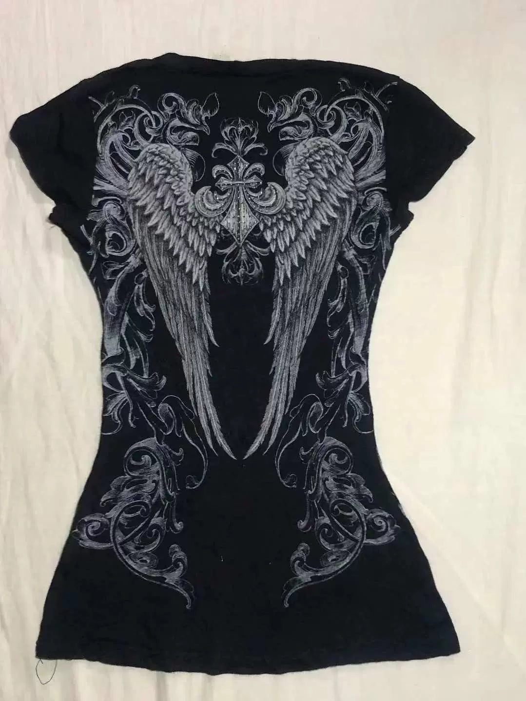 Black Rhinestone V-Neck Tee Y2K Top