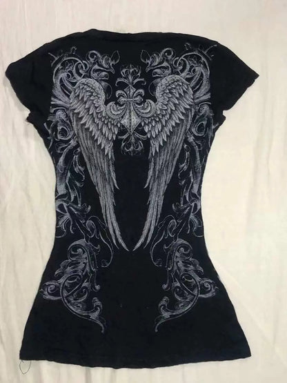 Black Rhinestone V-Neck Tee Y2K Top